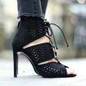 Zara black hollow cut out perforated Roman lace up high heel sandals